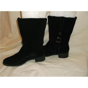 EASY SPIRIT SUEDE BOOTS SIDE BUCKLE BLACK FAUX FUR LONING, 2 LENGTHS SIZE 7.5 M